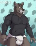  aennor anthro beard black_clothing black_hoodie black_topwear briefs bulge canid canine canis clothing drawyourfursona facial_hair hi_res hoodie hoodie/briefs_meme male mammal meme meme_clothing simple_background solo standing topwear underwear white_clothing white_underwear wolf 