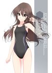  1girl alternate_breast_size artist_name ashigara_(kantai_collection) brown_eyes brown_hair character_name competition_swimsuit cowboy_shot flat_chest highres inaba_shiki kantai_collection long_hair looking_at_viewer one-piece_swimsuit simple_background solo swimsuit wavy_hair white_background 