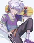  1boy artist_name bandaged_hands bandages bandaid bandaid_on_cheek belt black_shorts clivenzu closed_mouth fingernails hand_in_pocket hand_up holding_skateboard hunter_x_hunter killua_zoldyck long_sleeves looking_at_viewer male_focus mouth_hold pants purple_eyes purple_footwear purple_hair purple_shirt shirt shoes short_hair short_over_long_sleeves short_sleeves shorts simple_background sitting skateboard socks solo track_pants white_background white_legwear 