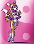  2018 alternate_color animatronic anthro arm_warmers armwear bassybefuddle black_nose bow_tie breasts canid canine clothing cosplay countershade_face countershade_torso countershading crossover crossover_cosplay digimon digimon_(species) digital_media_(artwork) dipstick_ears dipstick_tail eyelashes facial_markings fan_character female five_nights_at_freddy&#039;s fox genitals hands_on_hips head_markings leg_markings looking_at_viewer machine mammal markings mostly_nude multicolored_body multicolored_ears multicolored_tail nipples nude open_mouth purple_bow pussy renamon robot simple_background sister_location solo speaker standing teeth thigh_marking two_tone_body video_games white_body yellow_body yellow_eyes 