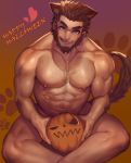  1boy abs absurdres animal_ears arkapami arm_hair bara beard blue_eyes brown_hair chest chest_hair completely_nude covering covering_crotch crossed_legs facial_hair feet_out_of_frame hairy halloween happy_halloween highres licking_lips male_focus monster_prom muscle navel navel_hair nipples nude pumpkin scott_howl short_hair simple_background solo tail thick_thighs thighs tongue tongue_out werewolf wolf_boy wolf_ears wolf_tail 