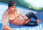  1boy abs arkapami bara bare_chest black_hair blue_eyes blush censored chest erection free! high_speed! legskin licking_lips male_focus male_masturbation male_swimwear masturbation mosaic_censoring muscle navel navel_hair nipples penis see-through shirt short_hair smile solo swimwear thick_thighs thighs tongue tongue_out wet white_shirt yamazaki_sousuke 