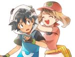  1boy 1girl ash_ketchum bangs baseball_cap black_gloves black_hair brown_hair closed_eyes collared_shirt commentary_request eyebrows_visible_through_hair eyelashes fanny_pack fingerless_gloves gloves hair_between_eyes happy hat holding hood hood_up may_(pokemon) open_mouth pokemon pokemon_(anime) pokemon_rse_(anime) red_shirt sasairebun shiny shirt short_sleeves teeth white_background 