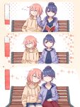  2girls alternate_hair_length alternate_hairstyle bench blue_hair blush book closed_eyes commentary_request hair_bun heart highres holding_hands hood hoodie jacket kagamihara_nadeshiko multiple_girls one_eye_closed pants pink_hair polka_dot polka_dot_background punitaira purple_eyes pushing_away reading shima_rin shirt short_hair shorts simple_background sitting_on_bench sleeping smile sparkle thermometer yuri yurucamp zzz 