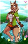  2020 alternate_species anthro blonde_hair blue_eyes bottomwear braided_hair breasts clothing cloud compass creamyowl day equid equine female flower gloves grass hair handwear hi_res hyrule_warriors linkle looking_aside mammal nintendo outside plant shorts smile solo standing the_legend_of_zelda video_games water 