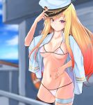 1girl absurdres bikini bikini_top blonde_hair breasts cleavage closed_mouth collarbone eyebrows_visible_through_hair hand_on_headwear hat highres holding holding_clothes holding_hat jacket jacket_on_shoulders long_hair looking_at_viewer medium_breasts military_hat navel purple_eyes septet_(zrca_janne) simple_background smile solo standing stomach swimsuit white_headwear white_jacket world_of_warships 
