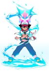  1boy ash-greninja ash_ketchum bangs baseball_cap belt black_hair capri_pants closed_mouth commentary_request crossed_arms dododo_dadada dynamax_band floating_clothes gen_6_pokemon gloves greninja hair_between_eyes hat highres holding holding_poke_ball legs_apart looking_at_viewer navel pants poke_ball poke_ball_(basic) pokemon pokemon_(anime) shoes short_sleeves single_glove smile z-ring 