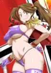  1girl arched_back bangs bikini breasts brown_eyes brown_hair cameltoe capelet closed_mouth clothes_writing covered_nipples cowboy_shot eyebrows_visible_through_hair gloves groin gundam gundam_build_fighters gundam_build_fighters_try hair_ornament hand_on_hip hip_bones large_breasts long_hair looking_at_viewer minpei_ichigo navel purple_bikini purple_gloves purple_legwear red_capelet red_neckwear sazaki_kaoruko shiny shiny_skin skindentation smile smirk solo swept_bangs swimsuit thighhighs thighs twintails underboob 
