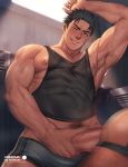 2boys akitaru_oubi anal arkapami ass bara bare_chest black_tank_top boxers_removed chest covered_abs cropped_legs en&#039;en_no_shouboutai erection facial_hair grey_boxers highres jockstrap male_focus male_masturbation male_pubic_hair masturbation multiple_boys muscle nipple_slip nipples pubic_hair sex short_hair sideburns stubble sweat tank_top thick_thighs thighs underwear yaoi 
