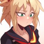 blonde_hair blush close-up collarbone cosplay crop_top darahan english_commentary fate/apocrypha fate_(series) green_eyes kill_la_kill matoi_ryuuko matoi_ryuuko_(cosplay) mordred_(fate) mordred_(fate)_(all) ponytail senketsu white_background 