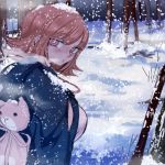  1girl absurdres animal_backpack blush breasts bright_pupils closed_mouth danganronpa danganronpa_1 forest from_side highres jacket jacket_on_shoulders large_breasts looking_at_viewer looking_to_the_side nanami_chiaki nature orange_hair ringed_eyes rye_(hyn_uka) short_hair snow snow_on_head solo tree upper_body white_pupils 