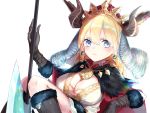  1girl axe blonde_hair blue_eyes blush boots braid breasts brown_gloves cape cleavage crown dress earrings enrica_(sekaiju) eyelashes fur-trimmed_boots fur-trimmed_gloves fur_trim gloves gold_trim hair_between_eyes head_wings holding holding_weapon horns jewelry kneehighs knees_together_feet_apart large_breasts long_hair necklace pendant red_cape repu_(rep_sha) sekaiju_no_meikyuu sekaiju_no_meikyuu_x serious shadow simple_background sitting solo trefoil veil weapon white_background white_dress 