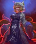  1girl blonde_hair breasts dress fox_tail glowing glowing_eyes hat inishie_kumo large_breasts long_sleeves looking_at_viewer pillow_hat short_hair sleeves_past_wrists solo standing tabard tail touhou white_dress wide_sleeves yakumo_ran yellow_eyes 