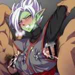  1girl 2boys arm_grab arm_up bar_censor blush breasts censored clenched_teeth clothed_female_nude_male covered_nipples cum cum_in_clothes cum_through_clothes dark_skin dark_skinned_male dragon_ball dragon_ball_super earrings erection fused_zamasu genderswap genderswap_(mtf) green_eyes green_skin hetero jewelry large_breasts male_pubic_hair multiple_boys nude penis penis_to_breast pointy_ears potara_earrings pubic_hair solo_focus steaming_body sweatdrop teba_makoto teeth white_hair 