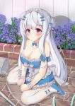  1girl absurdres alternate_costume apron artist_request azur_lane bare_shoulders blue_footwear braid braided_bun breasts collar cygnet_(azur_lane) cygnet_(offer_has_been_maid)_(azur_lane) detached_collar double_bun enmaided fence flower frilled_apron frilled_hairband frills full_body gaiters hairband highres hose large_breasts long_hair looking_at_viewer maid maid_apron maid_dress outdoors purple_eyes sitting solo thighhigh_gaiters thighhighs wariza water white_collar white_hair white_hairband white_legwear 