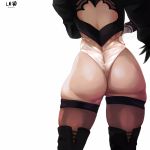  1girl ass ass_focus back_cutout boots clothing_cutout feather-trimmed_sleeves from_behind highleg highleg_leotard highres juliet_sleeves leotard lia_likes_latte long_sleeves lower_body nier_(series) nier_automata puffy_sleeves solo thigh_boots thighhighs thighhighs_under_boots white_background white_leotard yorha_no._2_type_b 