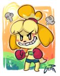  2018 angry animal_crossing anthro blonde_hair blush blush_stickers boxing_gloves canid canine canis clothing dipstick_tail domestic_dog female floppy_ears fur gerph hair handwear isabelle_(animal_crossing) mammal multicolored_tail nintendo signature solo teeth video_games 