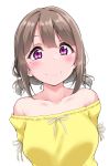  1girl bare_shoulders blush breasts brown_hair closed_mouth highres large_breasts looking_at_viewer mole mole_under_eye original pink_eyes ribbon simple_background smile solo strapless sweater white_background white_ribbon yellow_sweater yopparai_oni 