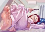  1girl air_conditioner barefoot blurry blurry_background feet glasses holding indoors lying on_back on_floor open_mouth original pajamas pantylines red_hair soles solo soon tablet_pc tatami toes 