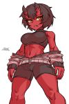  1girl black_shorts breasts brown_hair crop_top cropped_shirt feet_out_of_frame horns kidouko_(zakusi) large_breasts looking_at_viewer navel oni orange_eyes original parted_lips red_oni red_skin shirt short_hair shorts signature simple_background sleeveless sleeveless_shirt solo standing stomach white_background zakusi 