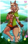  2020 alternate_species anthro blonde_hair blue_eyes bottomwear braided_hair breasts clothing cloud compass creamyowl day equid equine female flower gloves grass hair handwear hi_res hyrule_warriors linkle looking_aside mammal nintendo nipples outside plant shorts smile solo standing the_legend_of_zelda video_games water 