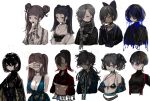  6+girls bangs bikini bikini_top black_bikini black_bow black_eyes black_hair black_shirt blue_eyes blue_hair blunt_bangs bob_cut bow braid breasts brown_hair buttons choker cleavage collarbone collared_shirt crown_braid dark_skin double_bun eyepatch grey_hair grey_skin hair_bobbles hair_bow hair_ornament hand_over_eye highres large_breasts long_hair long_sleeves medium_hair messy_hair multicolored_hair multiple_girls narue open_mouth original purple_hair sailor_collar shirt short_hair sidelocks streaked_hair sunglasses swimsuit twintails two_side_up underboob upper_body white_background white_shirt yellow_eyes 