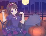  1girl akemi_homura animal_ears bangs black_hair blush bow cat_ears commentary_request dress eyebrows_visible_through_hair fake_animal_ears fake_tail fence full_moon grabbing_own_tail hair_bow halloween highres long_hair mahou_shoujo_madoka_magica moon paw_pose pumpkin purple_bow purple_dress purple_eyes ruru_(rurumagi) short_sleeves solo_focus tail tombstone witch 