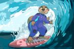  2020 anthro barefoot blue_eyes breasts brown_body clothing dascarl female looking_up lutrine mammal mustelid sharktooth_necklace skinsuit smile solo standing surfboard surfing tight_clothing vehicle water watercraft 