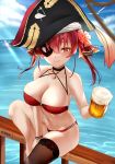  1girl alcohol anklet arrow_through_heart bangs bare_shoulders beer beer_mug bikini black_legwear blush breasts cup day eyebrows_visible_through_hair eyepatch eyepatch_bikini flower hair_flower hair_ornament hair_ribbon hat highres holding holding_cup hololive houshou_marine jewelry lace-trimmed_legwear lace_trim large_breasts long_hair looking_at_viewer mug outdoors parted_lips pirate red_bikini red_eyes red_hair ribbon single_thighhigh sitting skindentation smile solo swimsuit thighhighs thighs twintails virtual_youtuber wet zasshu 