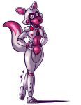  2018 animatronic anthro bassybefuddle black_nose bow_tie breasts canid canine countershade_face countershade_torso countershading digital_media_(artwork) dipstick_tail eyelashes female five_nights_at_freddy&#039;s fox funtime_foxy_(fnaf) genitals hands_on_hips looking_at_viewer machine mammal multicolored_body multicolored_tail nipples nude open_mouth pink_body pussy red_bow robot simple_background sister_location solo speaker standing teeth two_tone_body video_games white_background white_body yellow_eyes 