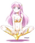  1girl :&lt; bare_arms bare_shoulders bikini blush boots breast_squeeze breasts cleavage closed_mouth ebifly floating horns indian_style looking_at_viewer lum medium_breasts navel pointy_ears purple_eyes purple_hair simple_background sitting solo striped striped_bikini striped_footwear swimsuit twitter_username urusei_yatsura white_background yellow_bikini yellow_footwear 