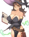  1girl bare_shoulders belt black_dress black_gloves book breasts bright_pupils brown_belt brown_eyes brown_hair cleavage closed_mouth commentary cowboy_shot dress elbow_gloves english_commentary fire glasses gloves green_fire grey_headwear hat highres holding holding_book holding_wand huge_breasts looking_at_viewer magic open_book original pelvic_curtain purple_headwear rimless_eyewear simple_background smile solo two-sided_fabric two-sided_headwear vins-mousseux wand white_background white_pupils witch witch_hat 