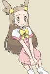  1girl brown_eyes brown_hair capelet closed_mouth commentary_request cosplay dress dress_pull eyelashes garter_straps hair_bobbles hair_ornament jasmine_(pokemon) long_hair looking_down margo_(pokemon) margo_(pokemon)_(cosplay) pokemon pokemon_(game) pokemon_hgss pulled_by_self sawa_(soranosawa) solo thighhighs tied_hair 