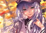  1girl :d amagasa_tsuzuri bangs blush breasts day floating_hair green_eyes hair_between_eyes hand_up hanikami_kanojo hat jacket large_breasts long_hair long_sleeves mole mole_under_eye open_mouth outdoors piromizu shirt sidelocks smile solo turtleneck 