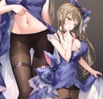  1girl bare_arms bare_shoulders black_choker blue_dress bow breasts brown_background brown_eyes brown_hair brown_legwear choker cleavage collarbone dress dress_lift girls_frontline hair_bow hand_up k-2_(girls_frontline) large_breasts long_hair looking_at_viewer navel no_panties pantyhose pantylines side_ponytail simple_background sleeveless sleeveless_dress solo stomach suzuame_yatsumi thigh_strap 