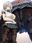  1girl bangs black_legwear black_sailor_collar black_skirt blunt_bangs blush bra bra_through_clothes breasts close-up closed_mouth commentary_request covered_nipples embarrassed from_below gloves gradient gradient_background grey_eyes grey_hair hair_ornament hair_over_eyes hairclip hamakaze_(kantai_collection) highres impossible_clothes kantai_collection large_breasts long_bangs multiple_views panties panties_under_pantyhose pantyhose pleated_skirt sailor_collar school_uniform serafuku shirt short_hair short_sleeves simple_background skirt standing sweat thigh_strap torisan underwear white_gloves white_shirt yellow_bra yellow_neckwear zoom_layer 