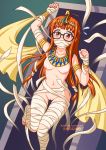  1girl armlet bandages bangs black-framed_eyewear blunt_bangs blush bracelet breasts brown_eyes burbur collarbone commentary covered_mouth diadem english_commentary eyebrows_visible_through_hair glasses highres jewelry long_hair looking_at_viewer medium_breasts mummy navel nipples orange_hair persona persona_5 pussy restrained sakura_futaba solo stomach thigh_gap 