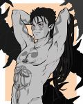  1boy abs armpits arms_up artist_name bare_arms biceps black_hair bodypaint bottomless closed_mouth cu_chulainn_(fate)_(all) cu_chulainn_alter_(fate/grand_order) earrings facepaint fate/grand_order fate_(series) groin holding holding_hair jewelry keyhof long_hair male_focus muscle navel pointy_ears pubic_hair shirtless solo spiked_hair spikes tail type-moon 