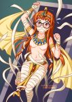  1girl armlet bandages bangs black-framed_eyewear blunt_bangs blush bracelet breasts brown_eyes burbur collarbone commentary covered_mouth diadem english_commentary eyebrows_visible_through_hair glasses highres jewelry long_hair looking_at_viewer medium_breasts mummy navel nipples orange_hair pelvic_curtain persona persona_5 restrained sakura_futaba solo stomach 