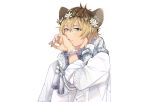  animal_ears blush brown_hair con_potata flowers gray_eyes headdress ruggie_bucchi scarf short_hair third-party_edit twisted_wonderland white wristwear 