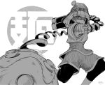  1girl arms_(game) bangs beanie bike_shorts blunt_bangs fujinoki_(horonabe-ken) greyscale hat knit_hat leggings mask megawatt_(arms) min_min_(arms) monochrome open_mouth parted_lips short_hair shorts signature simple_background solo 