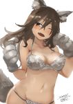  1girl animal_ears ashigara_(kantai_collection) bra brown_eyes brown_hair commentary_request cowboy_shot dated gloves grey_bra grey_panties kantai_collection long_hair one_eye_closed panties paw_gloves paws signature simple_background solo tail toka_(marchlizard) underwear wavy_hair white_background wolf_ears wolf_tail 