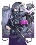  1girl armband backpack bag bangs blue_gloves border commentary_request cowboy_shot gas_mask gia gloves grey_hair gun headset highres holding holding_gun holding_weapon looking_at_viewer mask medium_hair mouth_mask multicolored multicolored_eyes original outside_border profile purple_eyes robot solo trigger_discipline weapon white_border 