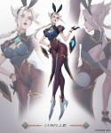  1girl animal_ears arm_at_side artist_name bare_shoulders black_legwear black_lipstick blue_eyes bunny_ears bunny_tail camille_(league_of_legends) character_name citemer commentary english_commentary fake_animal_ears fake_tail fingerless_gloves gloves half_gloves hand_on_hip hand_up headband high_heels highleg highleg_leotard highres league_of_legends leotard lipstick long_hair looking_at_viewer makeup multicolored_choker pantyhose playboy_bunny skin_tight solo standing tail taut_clothes thighlet very_long_hair white_hair 