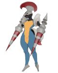  anthro armor breasts escavalier fangs featureless_breasts female genitals goonie-san hi_res knight lance nintendo pok&eacute;mon pok&eacute;mon_(species) pussy snaggle_tooth solo video_games warrior yellow_sclera 
