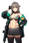  1girl ahoge bangs bikini bikini_top black_gloves black_jacket black_legwear blue_eyes blush breasts brown_hair cero_(last2stage) choker eyebrows_visible_through_hair fingerless_gloves girls_frontline gloves green_nails gun hand_on_hip headset highres honey_badger_(girls_frontline) honey_badger_(gun) jacket large_breasts long_hair midriff nail_polish navel off_shoulder open_clothes open_jacket pins pleated_skirt simple_background skirt smile solo swimsuit thighhighs weapon white_background 