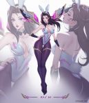  1girl animal_ears artist_name bare_shoulders black_legwear blue_eyes brown_hair bunny_ears bunny_tail character_name choker citemer commentary detached_collar detached_sleeves english_commentary fake_animal_ears fake_tail hairband hand_on_hip highres kai&#039;sa league_of_legends leotard multicolored_choker pantyhose playboy_bunny purple_lips purple_nails skin_tight solo tail taut_clothes thigh_gap thighlet whisker_markings white_leotard 