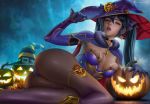  1girl alexander_dinh ass black_gloves black_hair blue_eyes breasts capelet cleavage commentary english_commentary fur_trim genshin_impact gloves hair_between_eyes halloween hat jack-o&#039;-lantern legs lips long_hair looking_at_viewer lying medium_breasts mona_(genshin_impact) open_mouth pumpkin purple_headwear solo striped striped_headwear twintails witch_hat 