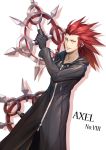  1boy axel_(kingdom_hearts) black_coat_(kingdom_hearts) cloak facial_mark gloves gogo_(detteiu_de) green_eyes highres hood kingdom_hearts kingdom_hearts_ii looking_at_viewer organization_xiii simple_background smile solo spiked_hair weapon white_background 