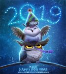  2019 ambiguous_gender annoyed avian bird branch brown_feathers cryptid-creations eyes_closed feathered_wings feathers feral group happy hat holidays humor new_year night open_mouth owl party_hat party_horn pun white_feathers wings wood yellow_eyes 